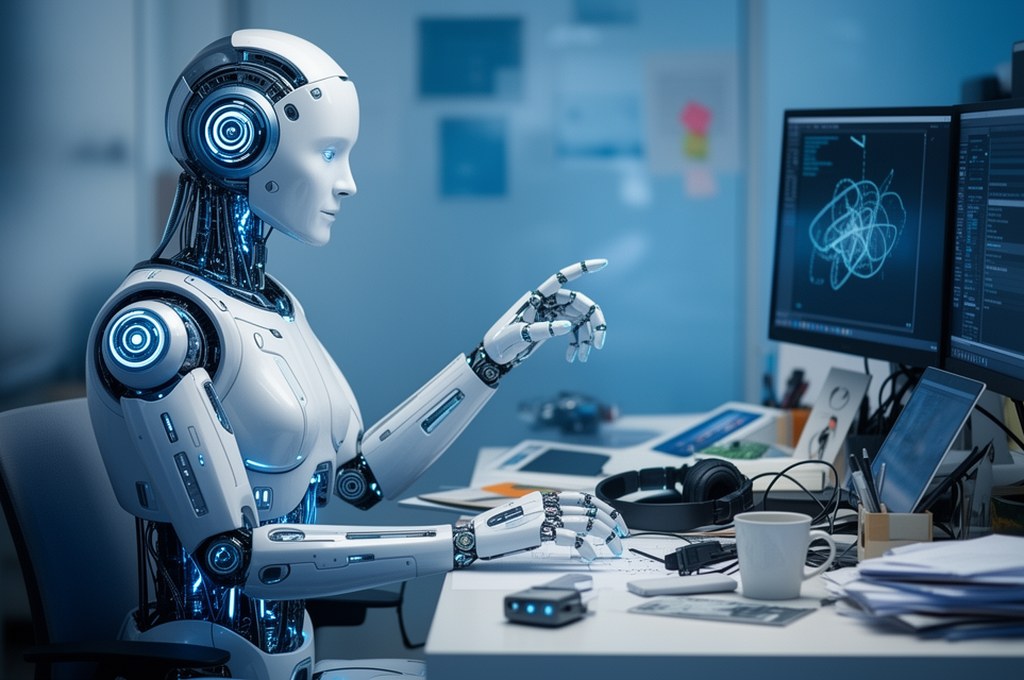 futuristic AI robot interacting with real-world objects