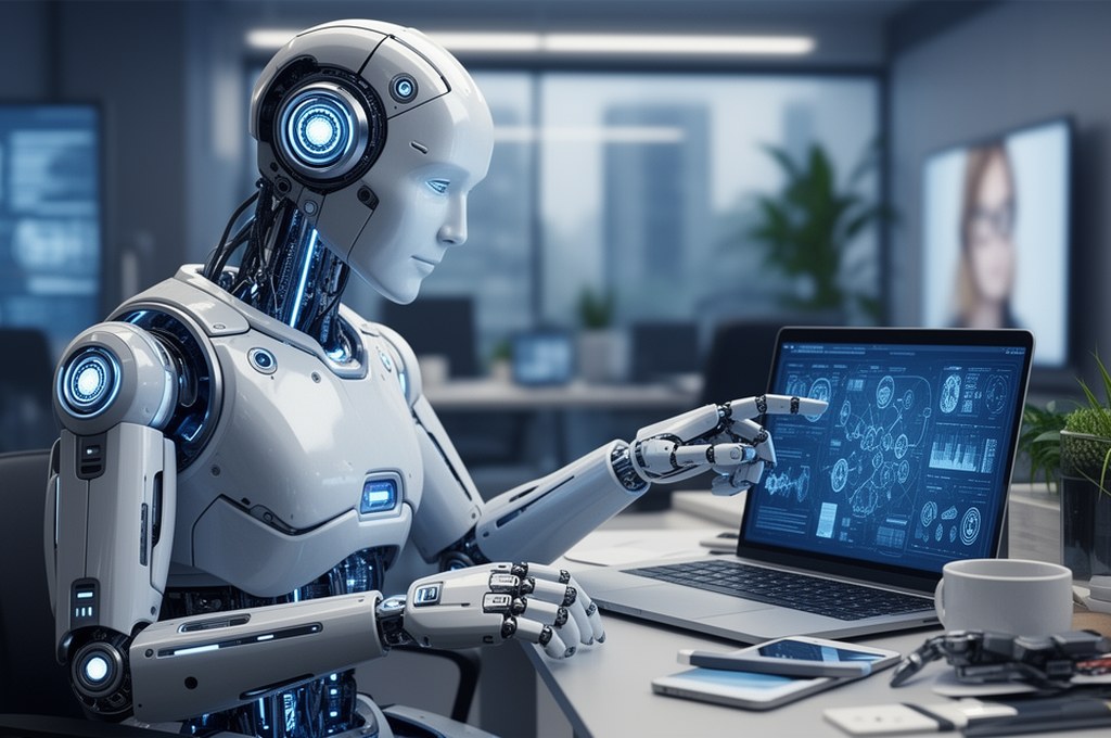 futuristic AI robot interacting with real-world objects