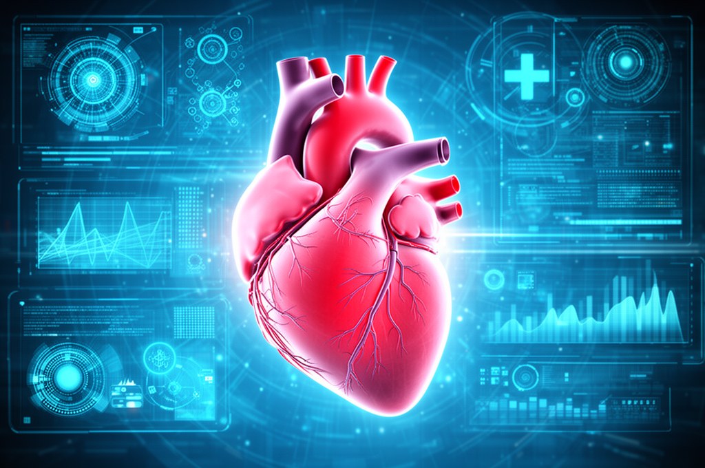 Futuristic AI integration in healthcare systems with a focus on heart health.