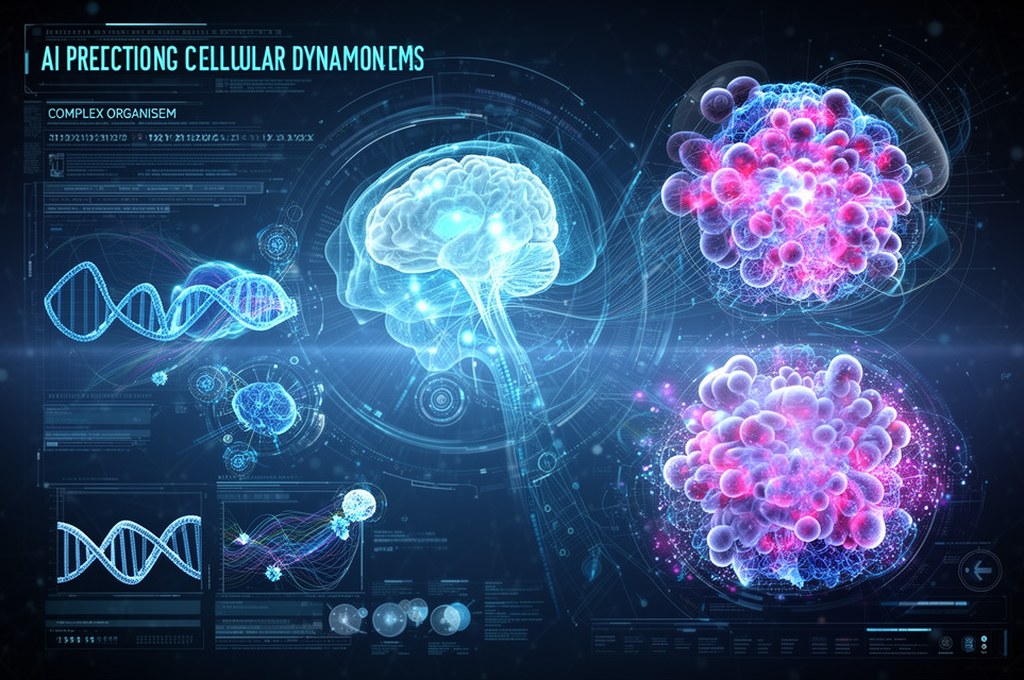 Futuristic concept of AI predicting cellular dynamics in complex organisms
