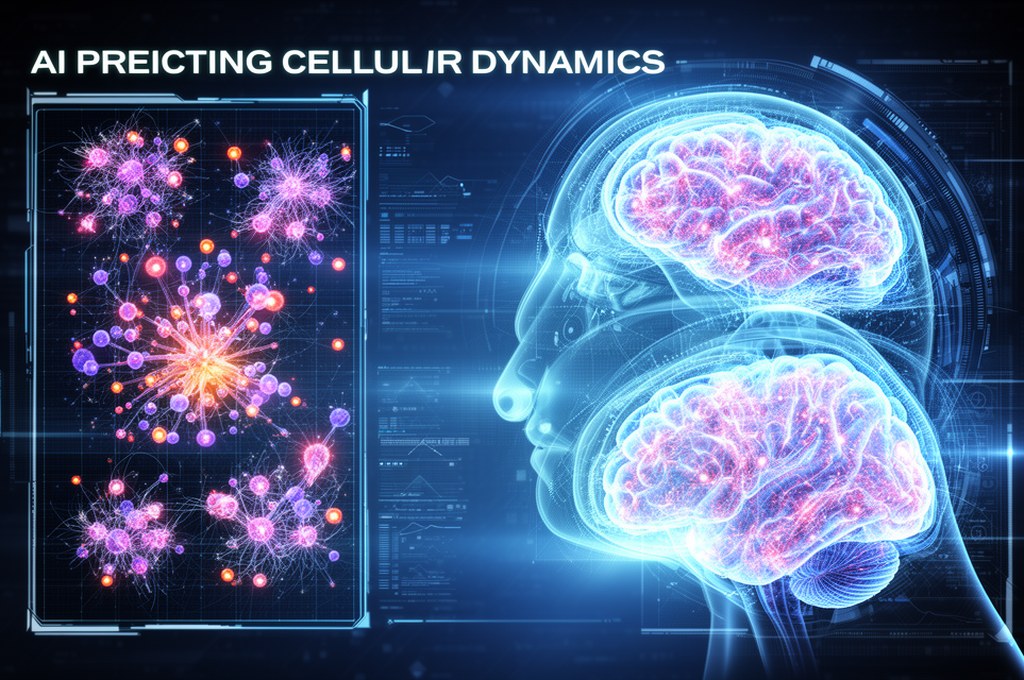 Futuristic concept of AI predicting cellular dynamics in complex organisms