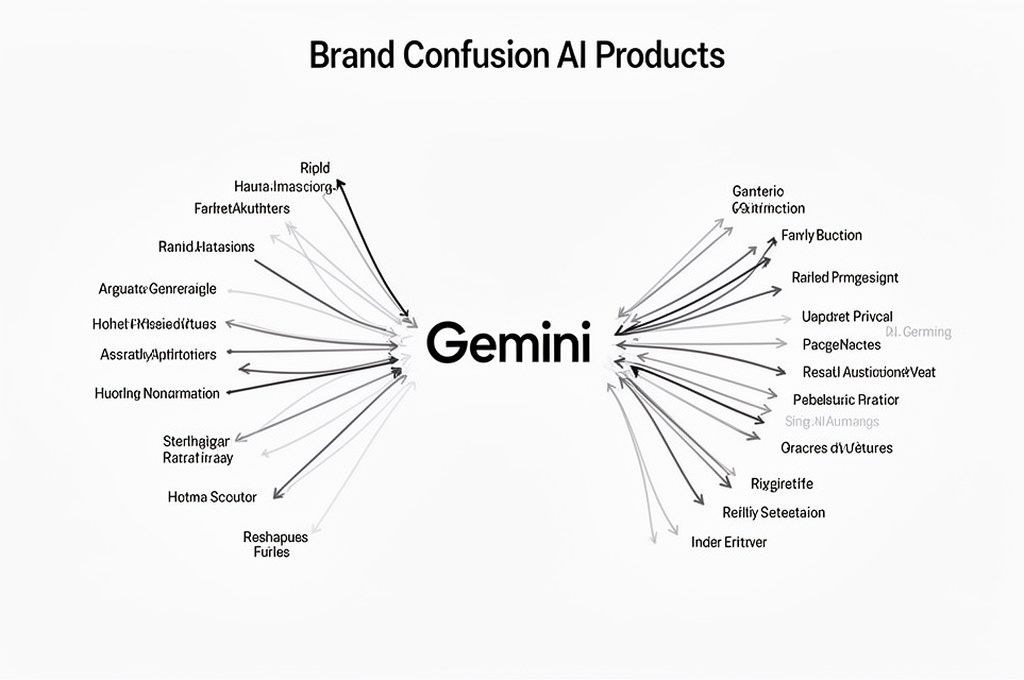 Minimalist infographic style artwork of brand confusion in AI products, many arrows and labels conve