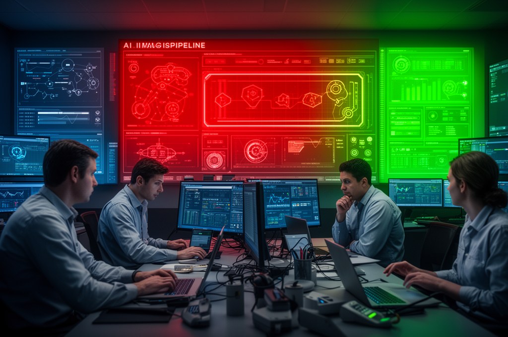 Engineers in a modern control room pausing an AI image pipeline, safety dashboard glowing red to gre