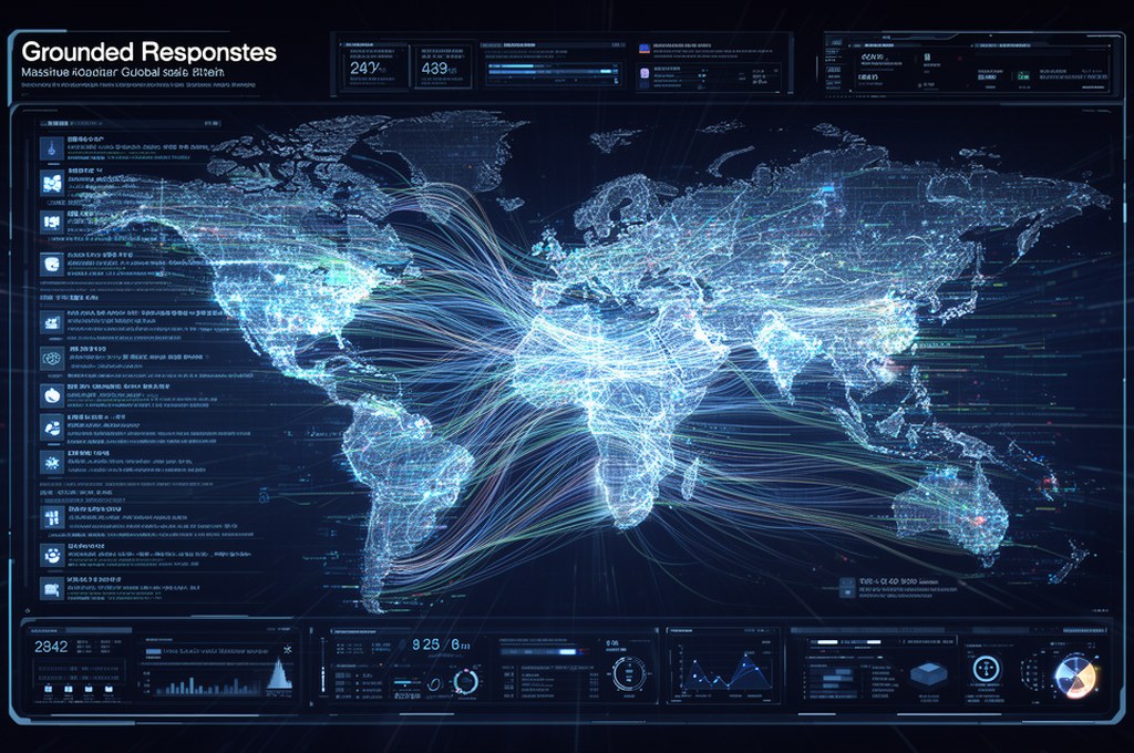 AI assistant connected to a massive global search index, data streams flowing into a grounded respon