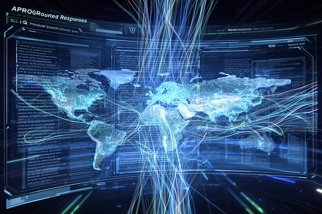 AI assistant connected to a massive global search index, data streams flowing into a grounded respon