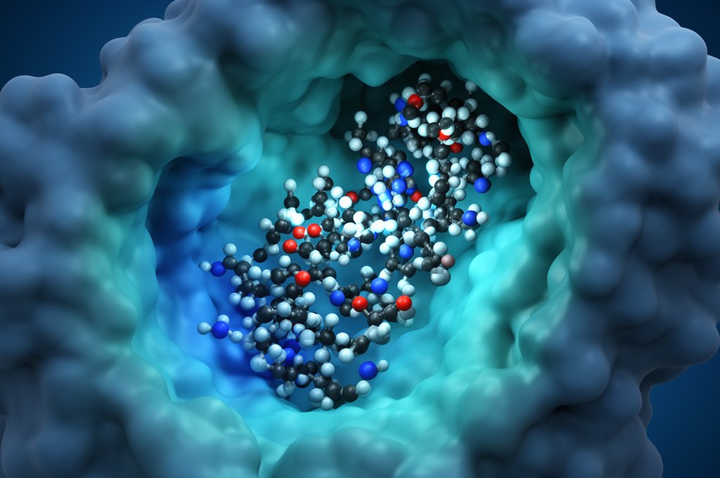 3D molecular docking visualization, drug candidate fitting into protein pocket, scientific rendering
