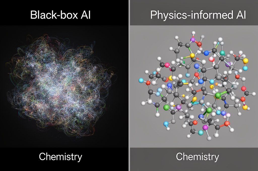 Side-by-side concept art of black-box AI versus physics-informed AI in chemistry, contrast of chaoti
