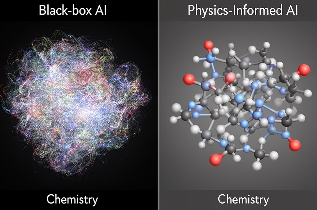 Side-by-side concept art of black-box AI versus physics-informed AI in chemistry, contrast of chaoti