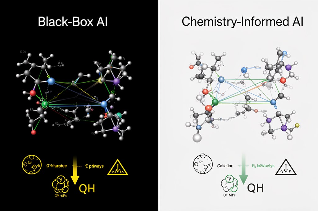 Split-screen concept showing black-box AI versus chemistry-informed AI, reaction pathways, conservat