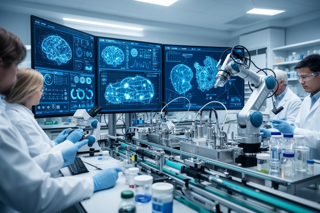 Pharmaceutical R&D team using AI dashboards and robotic synthesis line, modern lab, realistic high-d