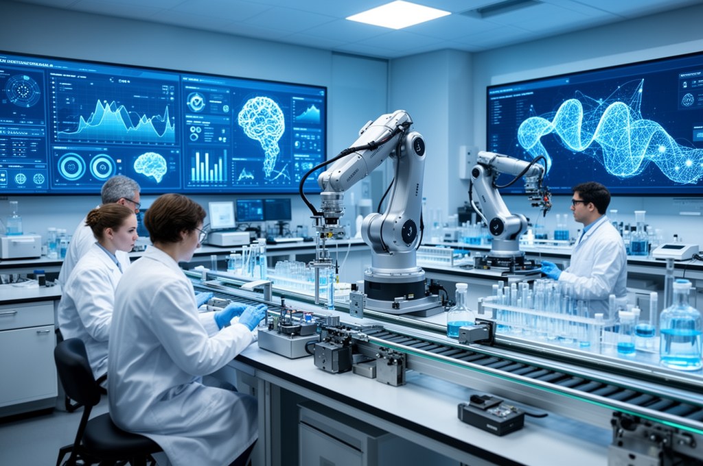 Pharmaceutical R&D team using AI dashboards and robotic synthesis line, modern lab, realistic high-d