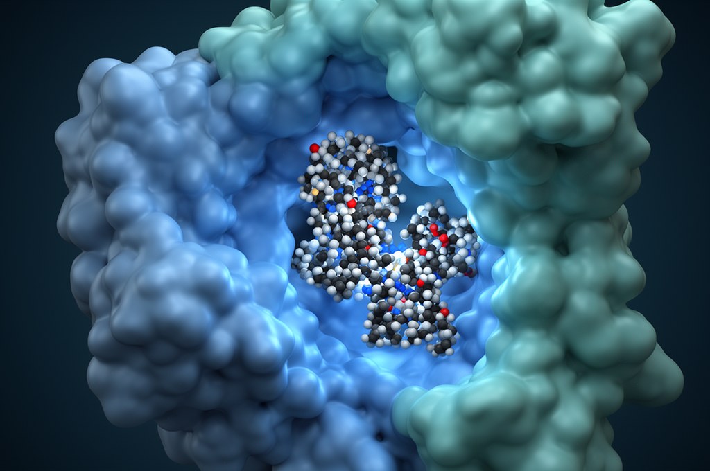 3D molecular docking visualization, drug-like small molecule fitting into a protein pocket, neon blu