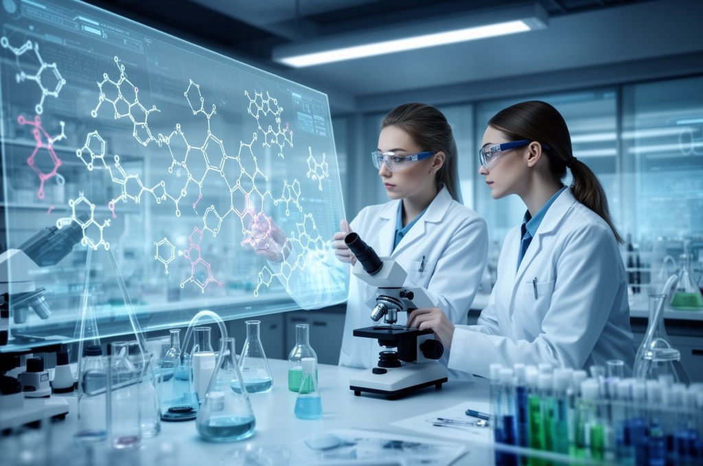 AI and chemist collaboration concept, human scientist and transparent neural network overlay co-desi
