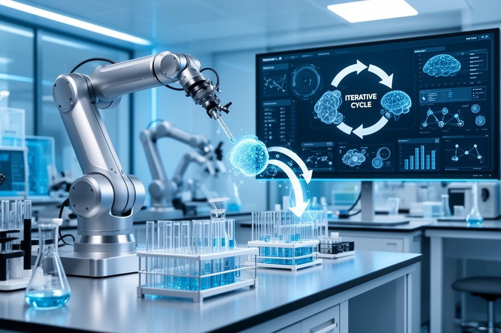 Closed-loop autonomous chemistry platform with robotic lab arms, AI dashboards, iterative experiment