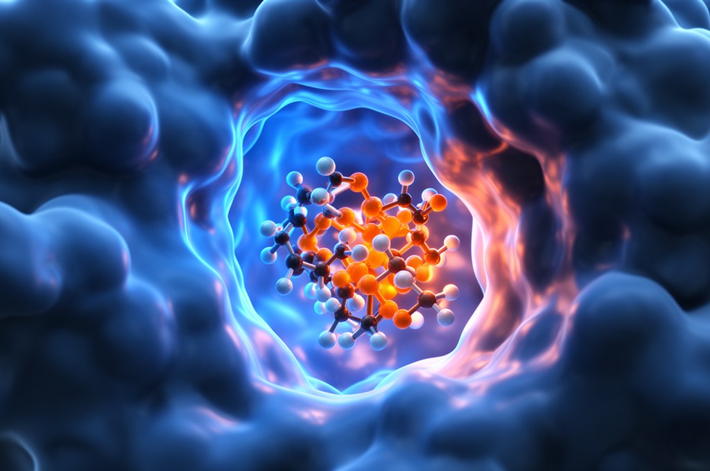 Close-up 3D molecular docking visualization, small-molecule fitting into protein pocket, neon blue a