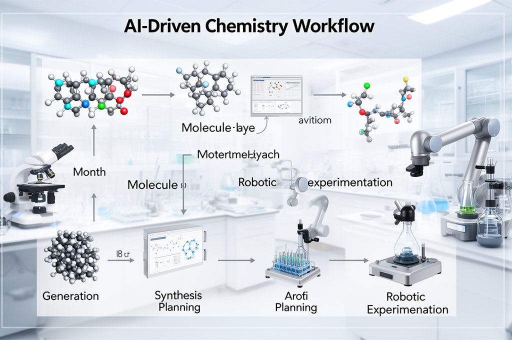 AI-driven chemistry workflow diagram in a modern lab, from molecule generation to synthesis planning