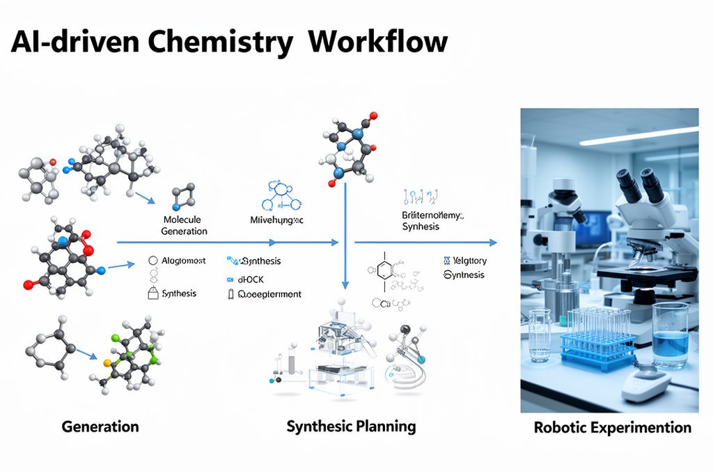 AI-driven chemistry workflow diagram in a modern lab, from molecule generation to synthesis planning