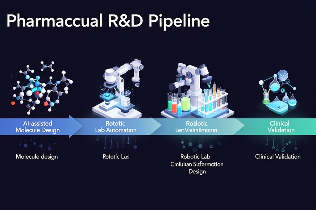 Pharmaceutical R&D pipeline with AI-assisted molecule design, robotic lab automation, and clinical v