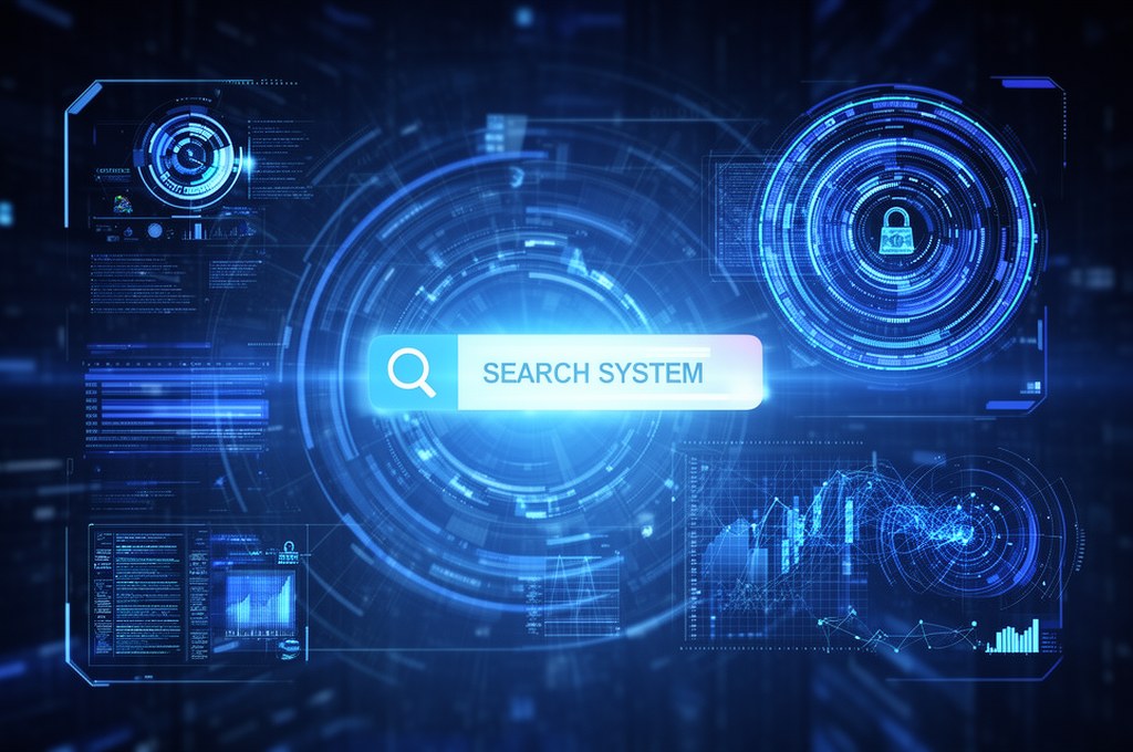 futuristic AI search system concept with data visualization