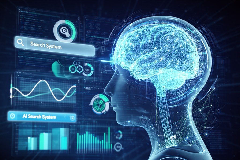 futuristic AI search system concept with data visualization