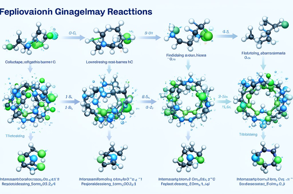 Detailed molecular reaction pathway visualization with intermediate steps, atoms and bonds transform