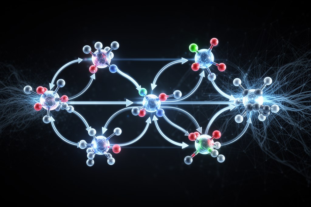 Abstract visualization of chemical reaction pathways as glowing network graph, molecules connected b