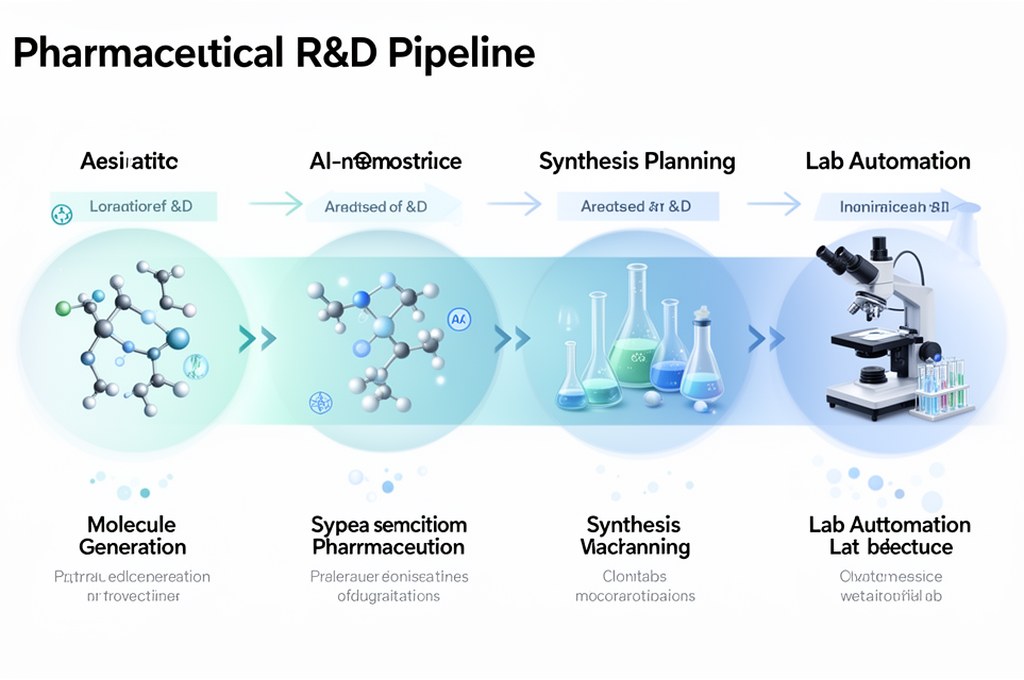 Pharmaceutical R&D pipeline with AI-assisted stages from molecule generation to synthesis planning a