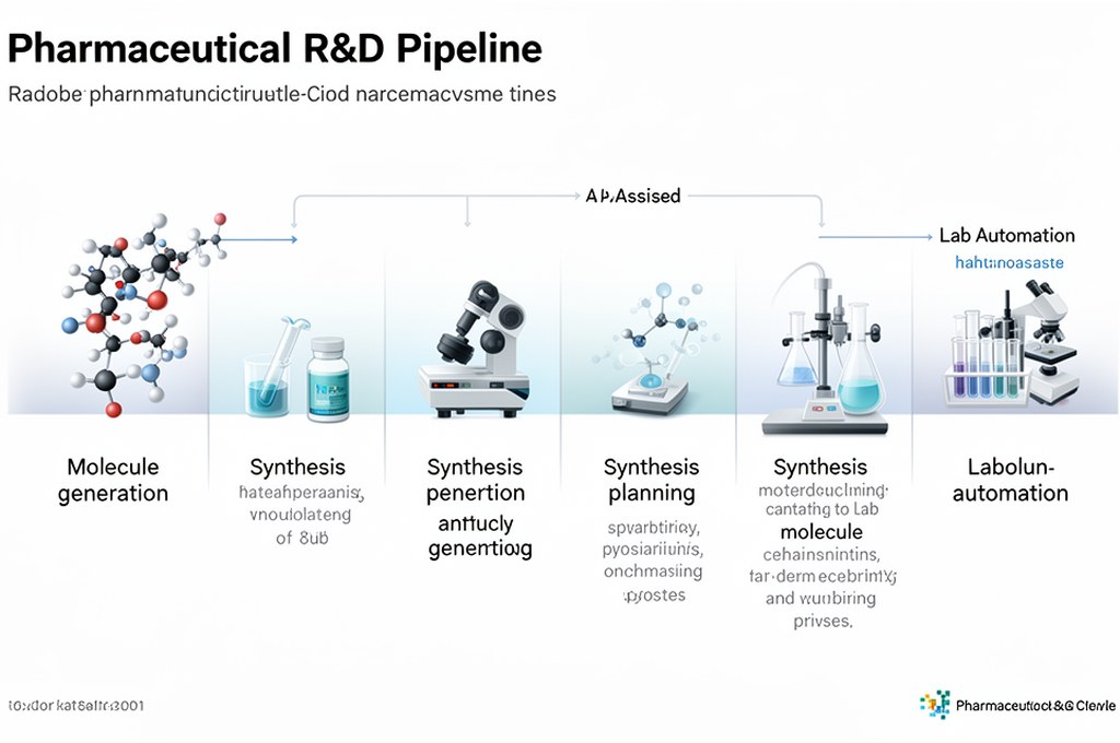 Pharmaceutical R&D pipeline with AI-assisted stages, from molecule generation to synthesis planning 