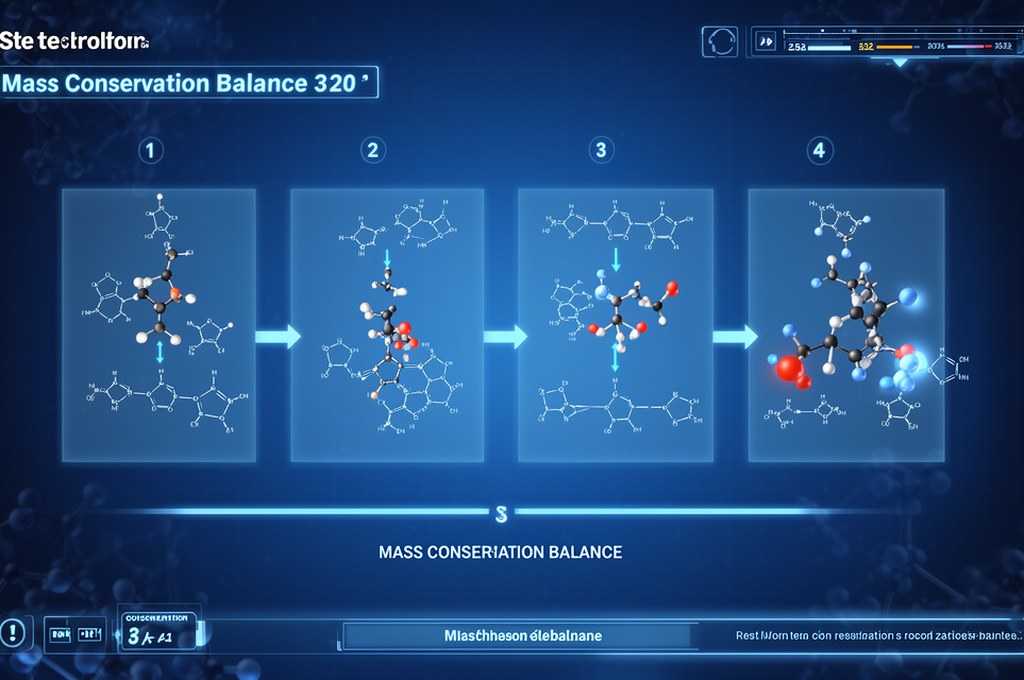 AI model visualizing chemical reaction mechanism steps with mass conservation balance, digital inter