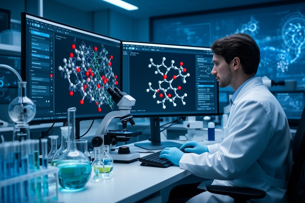 Collaboration between medicinal chemist and AI assistant in modern drug discovery workspace, molecul