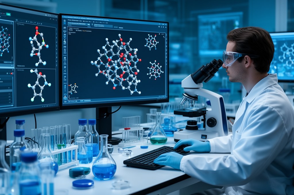 Collaboration between medicinal chemist and AI assistant in modern drug discovery workspace, molecul