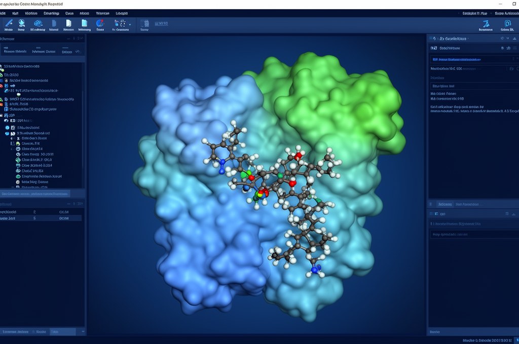 3D molecular docking visualization between small molecule drug candidate and protein target, scienti