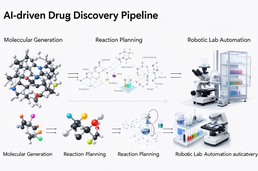 AI-driven drug discovery pipeline infographic, from molecular generation to reaction planning to rob