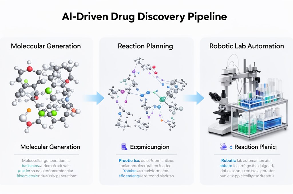 AI-driven drug discovery pipeline infographic, from molecular generation to reaction planning to rob