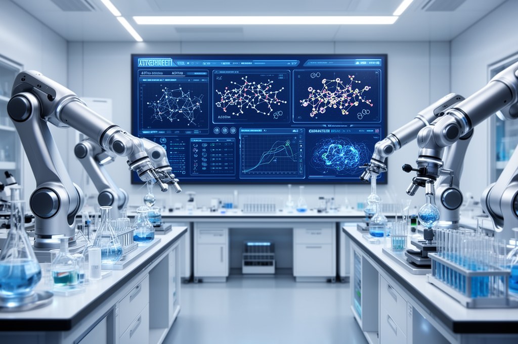 Robotic chemistry automation platform running experiments guided by AI dashboard, modern biotech sta