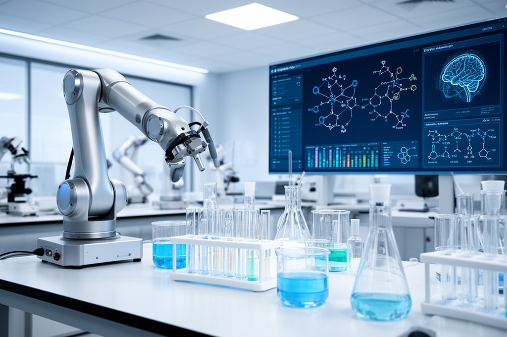 Conceptual visualization of human chemist and AI system co-designing a drug molecule, split-screen b