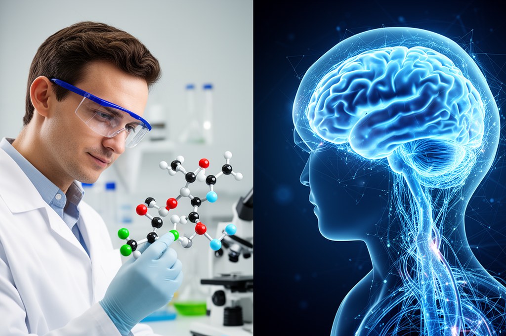 Conceptual visualization of human chemist and AI system co-designing a drug molecule, split-screen b