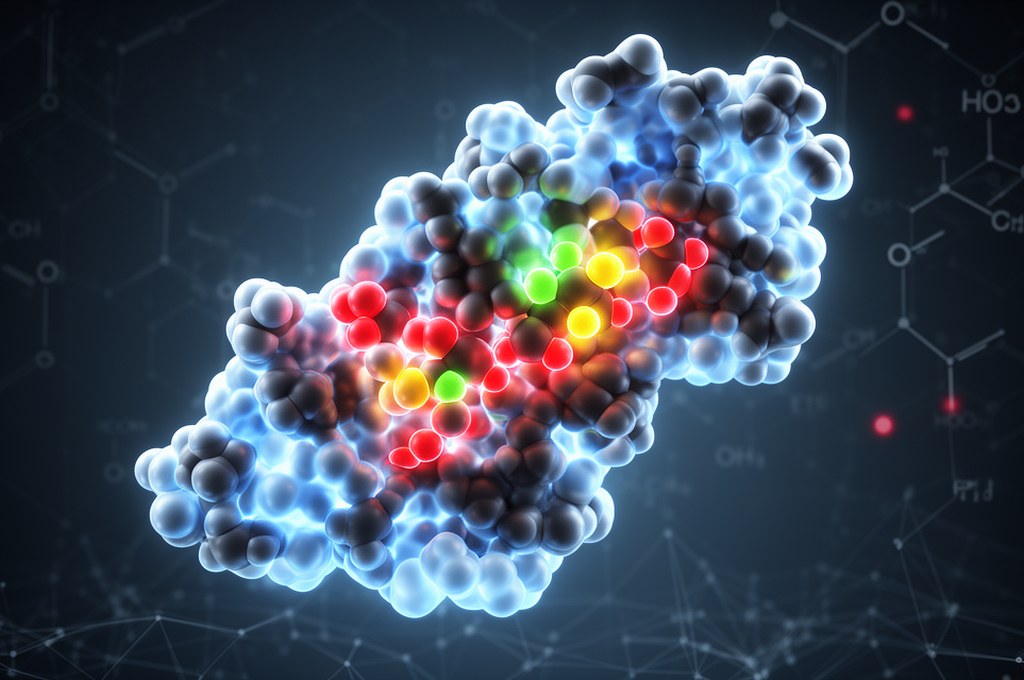3D protein-ligand docking scene, medicinal chemistry visualization, glowing molecular surfaces, scie