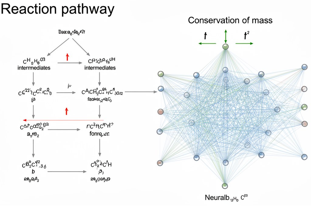 Reaction pathway map with intermediates and neural network overlay, conservation of mass symbols, cl