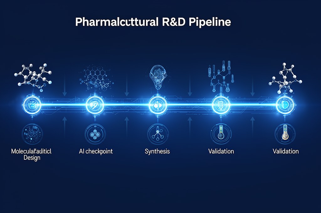 Pharmaceutical R&D pipeline with AI checkpoints from molecular design to synthesis and validation, m