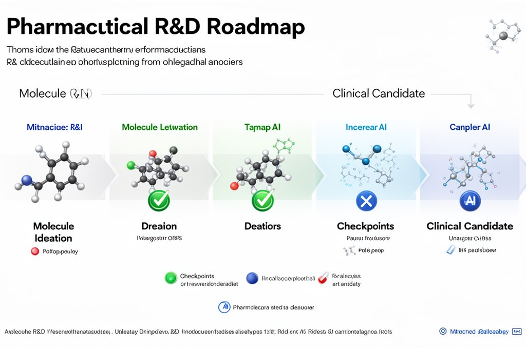 Pharmaceutical R&D roadmap with AI checkpoints, from molecule ideation to clinical candidate, clean 