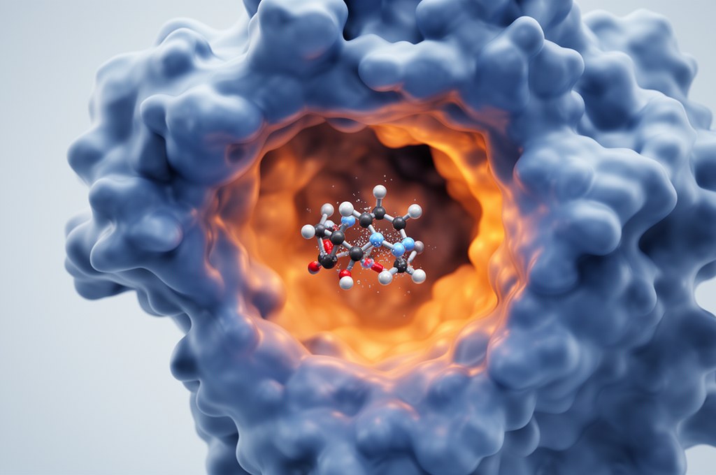3D molecular docking visualization between a small drug-like molecule and a protein binding pocket, 