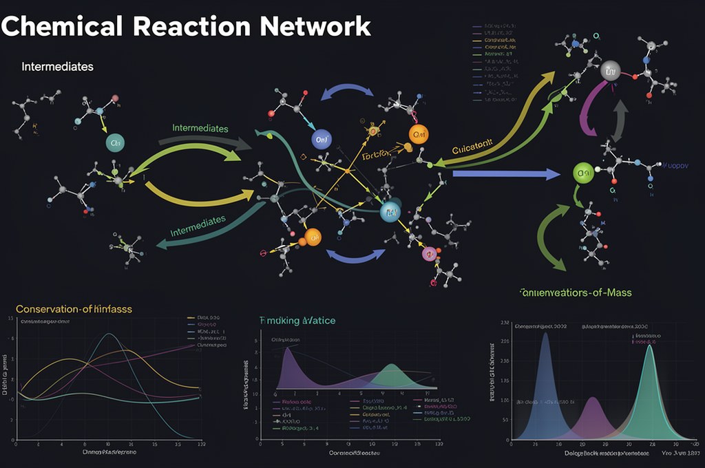 AI-driven chemical reaction network infographic with intermediates, arrows, conservation-of-mass ann
