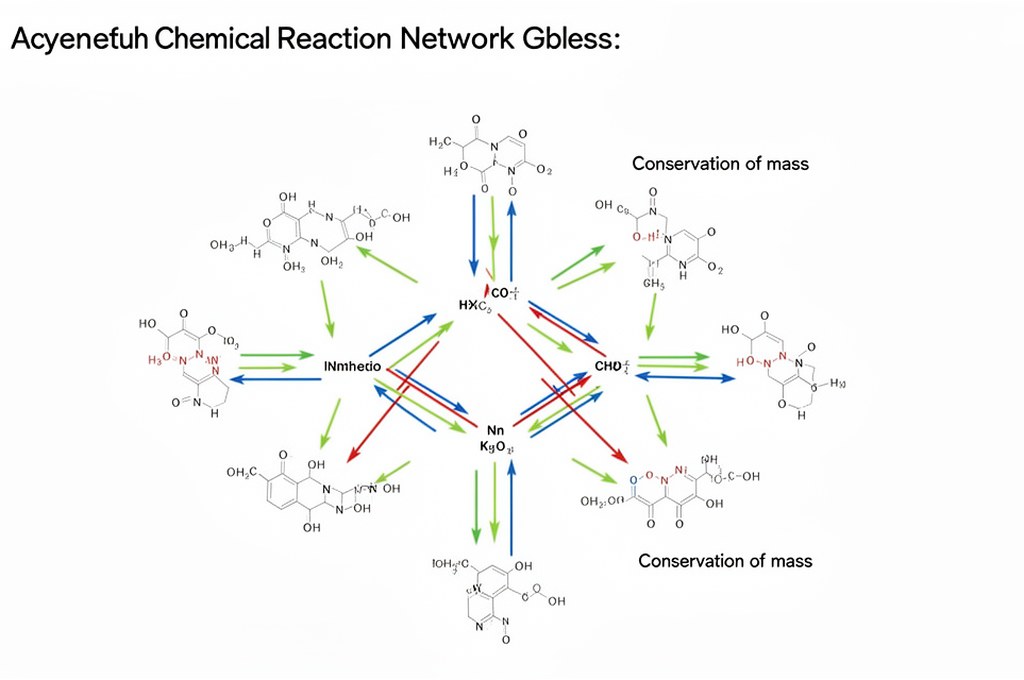 AI-driven chemical reaction network graph with arrows, intermediates, and conservation-of-mass annot
