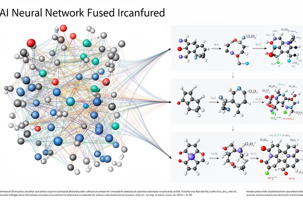 Conceptual diagram of AI neural network fused with chemical reaction pathways, atoms and bonds trans