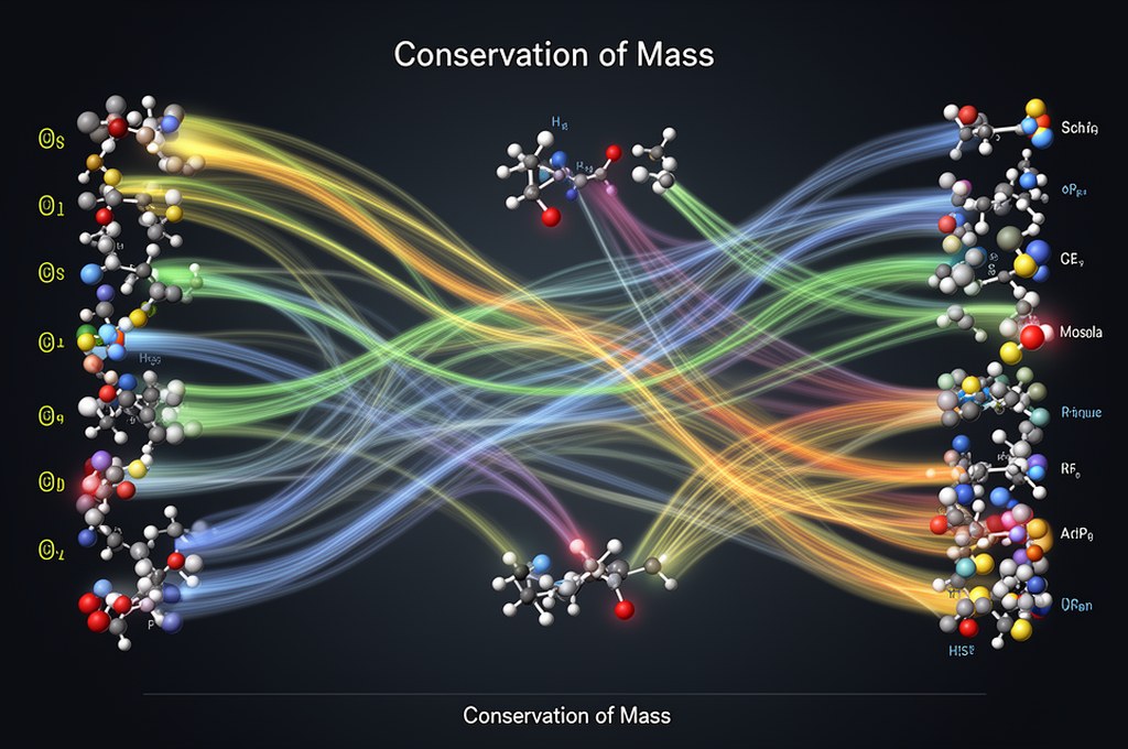 Abstract visualization of chemical reaction pathways as flowing networks, atoms and bonds transformi