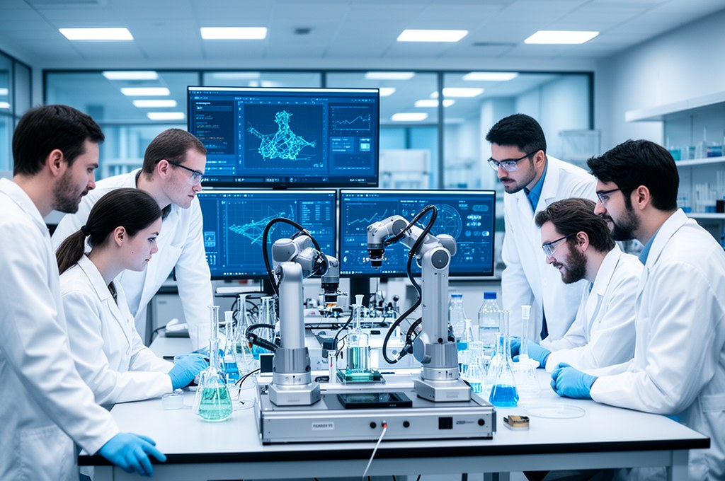 Team of chemists and machine learning engineers collaborating around robotic lab automation platform