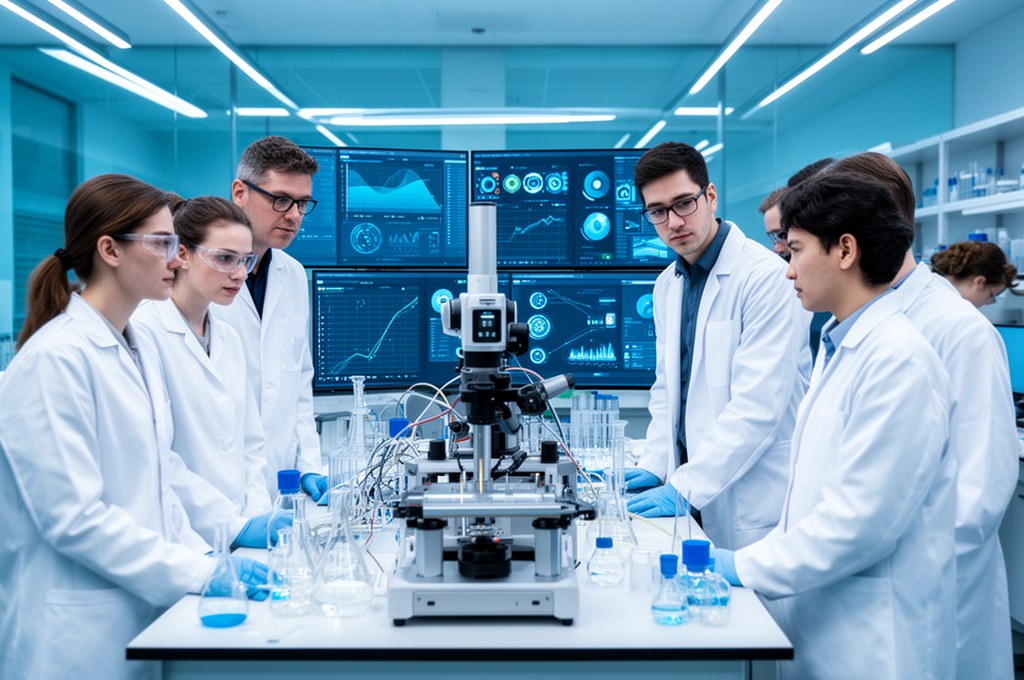 Team of chemists and machine learning engineers collaborating around robotic lab automation platform