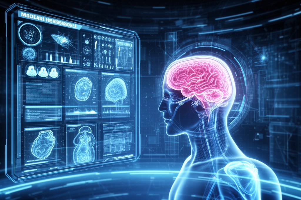 Futuristic AI system displaying uncertainty in medical diagnosis