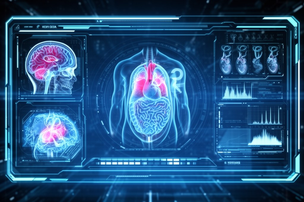 Futuristic AI system displaying uncertainty in medical diagnosis